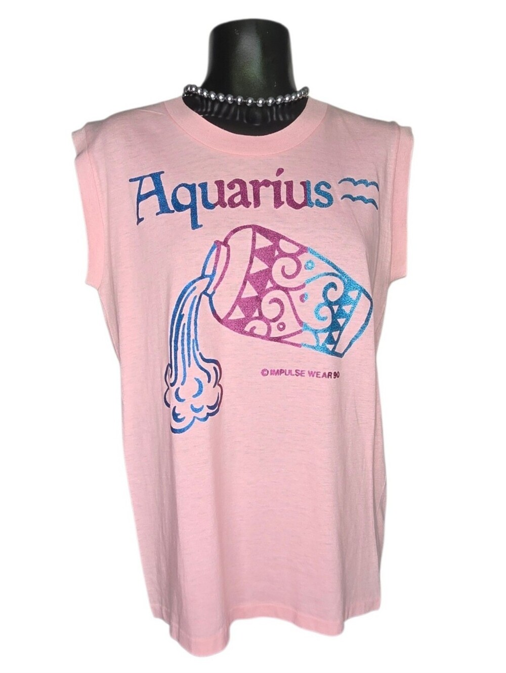 Vintage 90s Rare Pink Aquarius Glitter Graphic Single Stitch Tank Top Medium